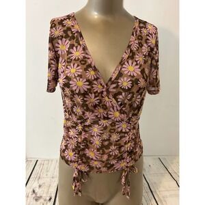 Social Scene Mesh Top XL Brown Pink Daisy Leopard Ruched Side Tie Surplice VNeck